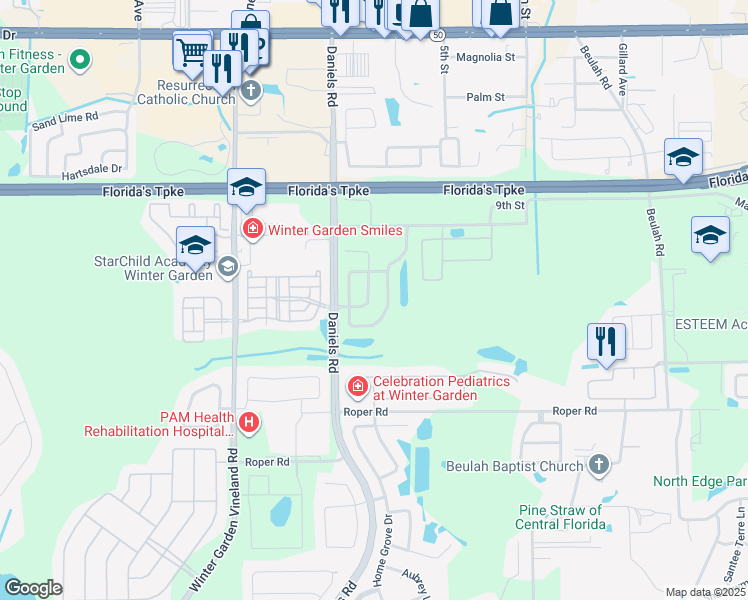 map of restaurants, bars, coffee shops, grocery stores, and more near 249 Doe Run Drive in Winter Garden