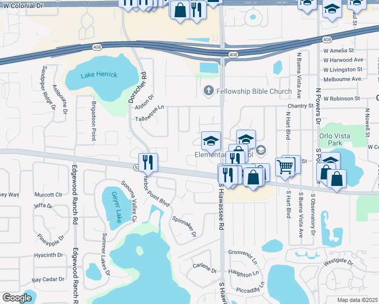 map of restaurants, bars, coffee shops, grocery stores, and more near 76 Winter Ridge Circle in Orlando