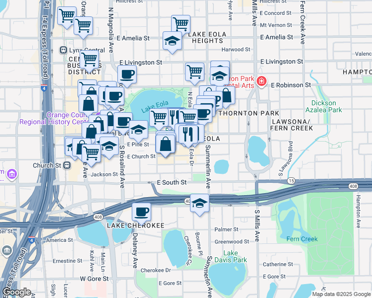 map of restaurants, bars, coffee shops, grocery stores, and more near 595 East Church Street in Orlando