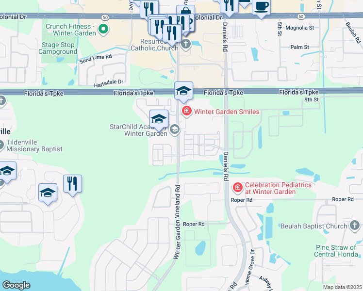 map of restaurants, bars, coffee shops, grocery stores, and more near 13609 Daniels Landing Circle in Winter Garden