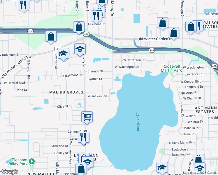 map of restaurants, bars, coffee shops, grocery stores, and more near 101 South Ortman Drive in Orlando