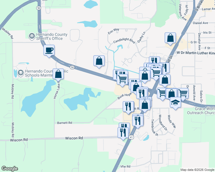 map of restaurants, bars, coffee shops, grocery stores, and more near 19280 Cortez Boulevard in Brooksville