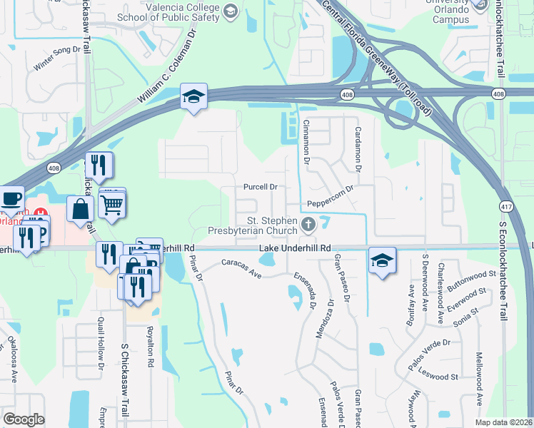 map of restaurants, bars, coffee shops, grocery stores, and more near 8346 Cristobal Circle in Orlando