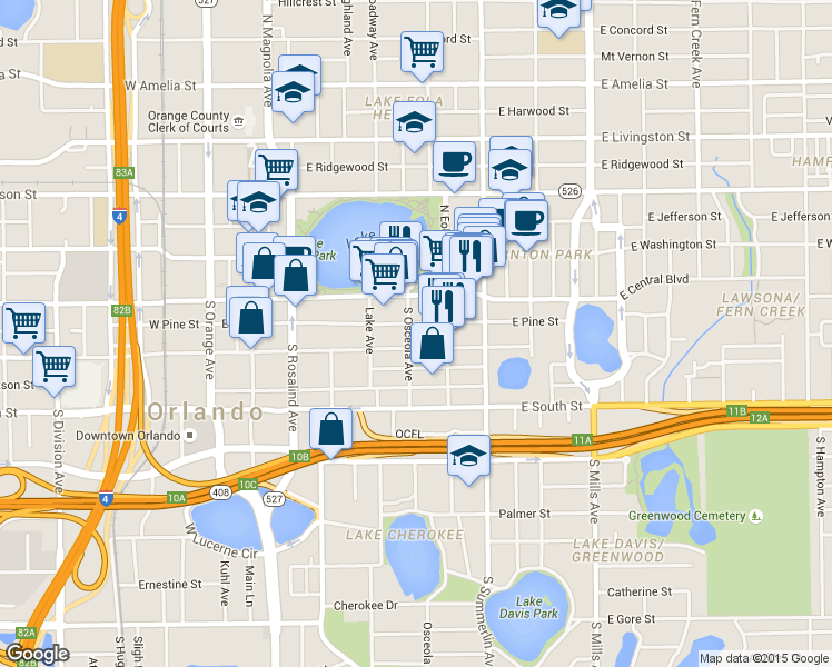 map of restaurants, bars, coffee shops, grocery stores, and more near 595 East Church Street in Orlando