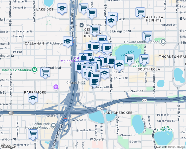map of restaurants, bars, coffee shops, grocery stores, and more near in Orlando