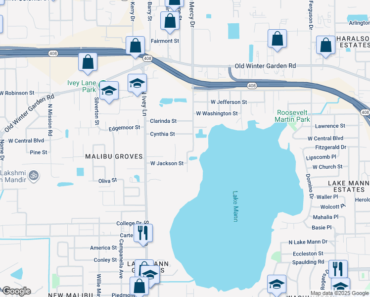 map of restaurants, bars, coffee shops, grocery stores, and more near 101 South Ortman Drive in Orlando