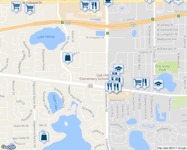 map of restaurants, bars, coffee shops, grocery stores, and more near 53 Winter Ridge Circle in Orlando