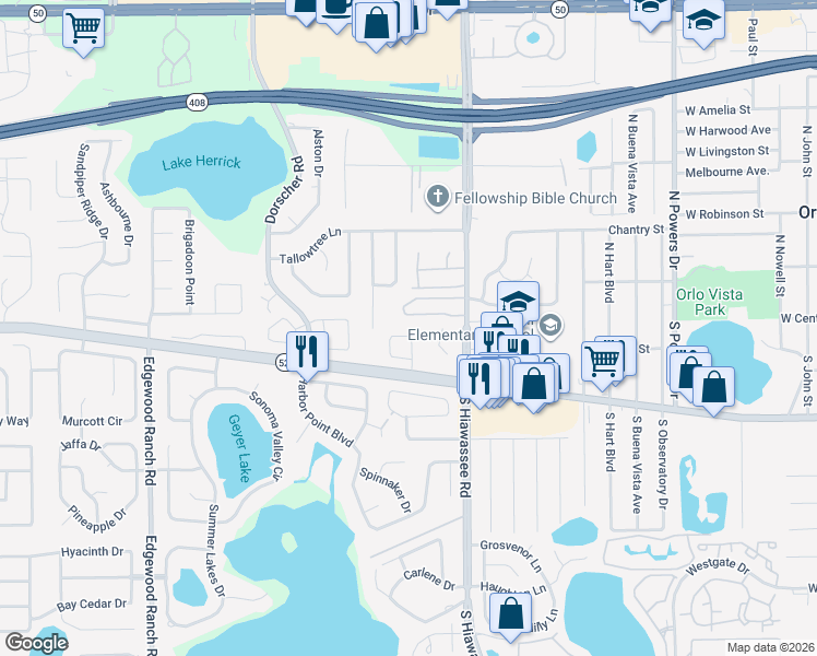 map of restaurants, bars, coffee shops, grocery stores, and more near 53 Winter Ridge Circle in Orlando