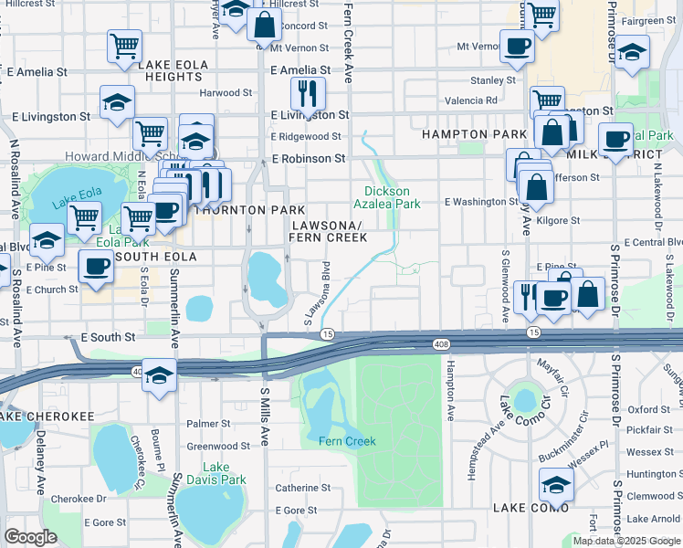 map of restaurants, bars, coffee shops, grocery stores, and more near 21 East Jackson Street in Orlando