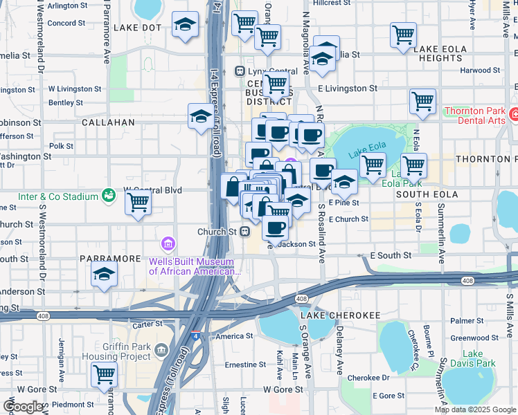 map of restaurants, bars, coffee shops, grocery stores, and more near 36 West Pine Street in Orlando