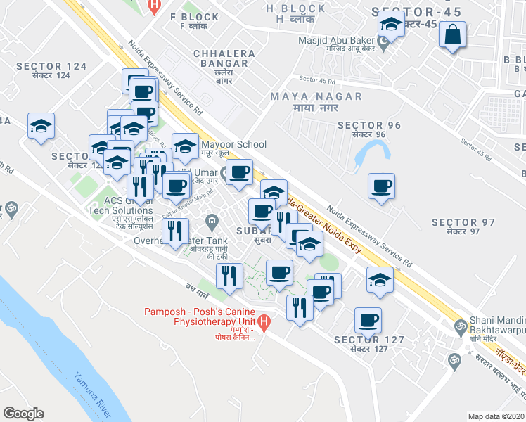 map of restaurants, bars, coffee shops, grocery stores, and more near in Noida