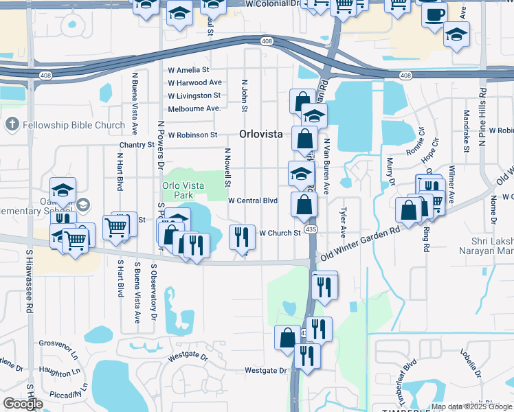 map of restaurants, bars, coffee shops, grocery stores, and more near 23 South John Street in Orlando