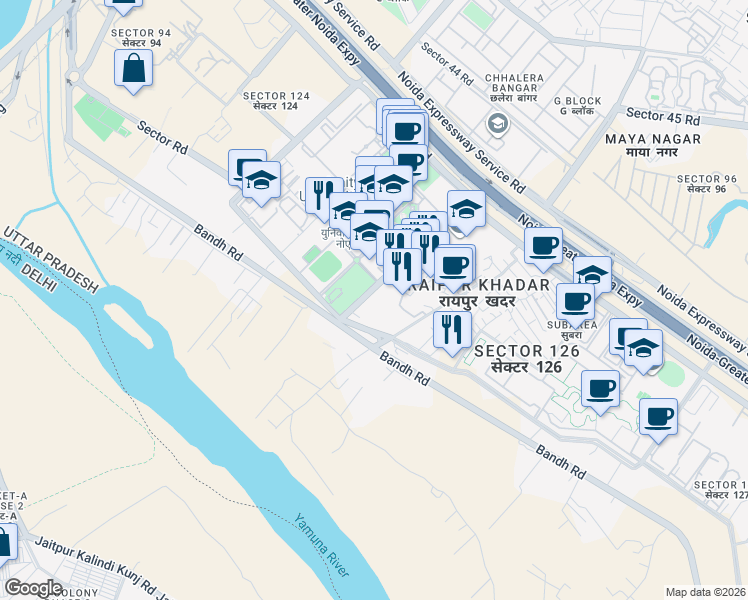 map of restaurants, bars, coffee shops, grocery stores, and more near in Noida
