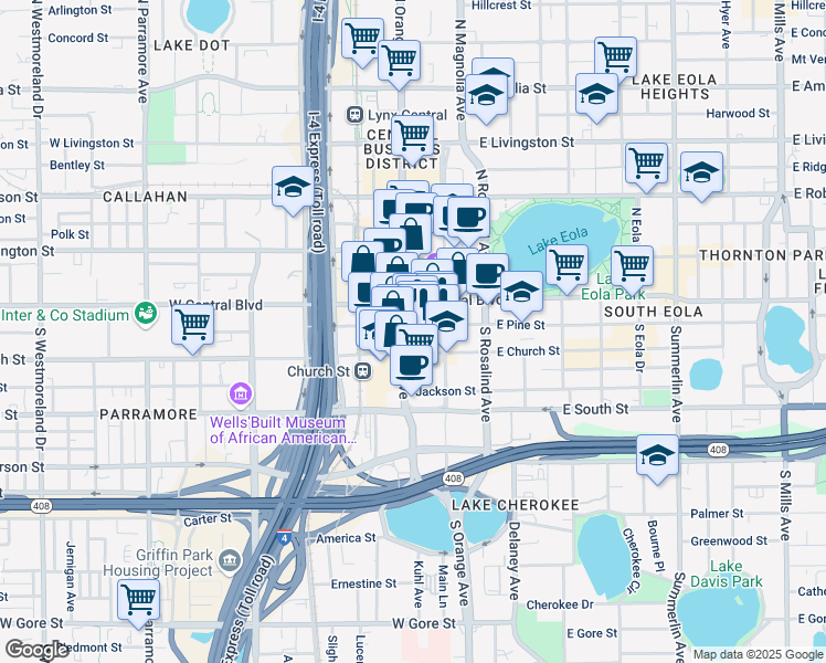map of restaurants, bars, coffee shops, grocery stores, and more near 155 South Court Avenue in Orlando