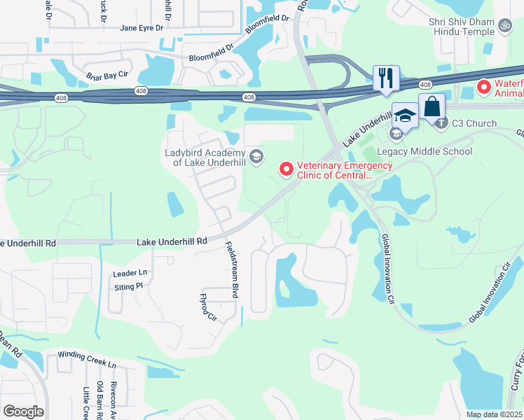 map of restaurants, bars, coffee shops, grocery stores, and more near Lake Underhill Rd & Cypress Hammocks Blvd in Orlando