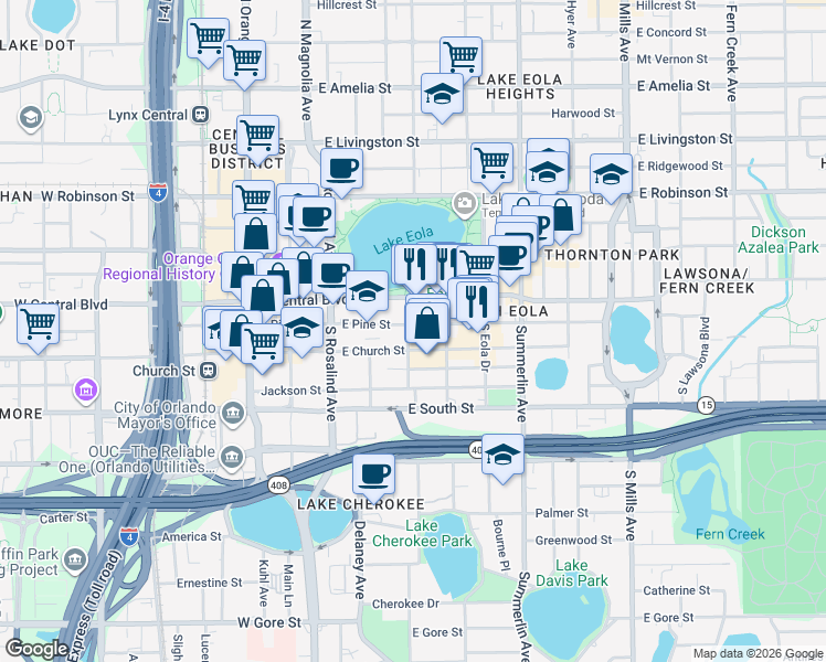 map of restaurants, bars, coffee shops, grocery stores, and more near 420 East Church Street in Orlando