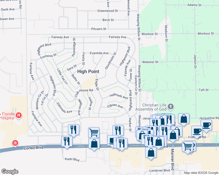 map of restaurants, bars, coffee shops, grocery stores, and more near 12287 Hallmark Avenue in Brooksville