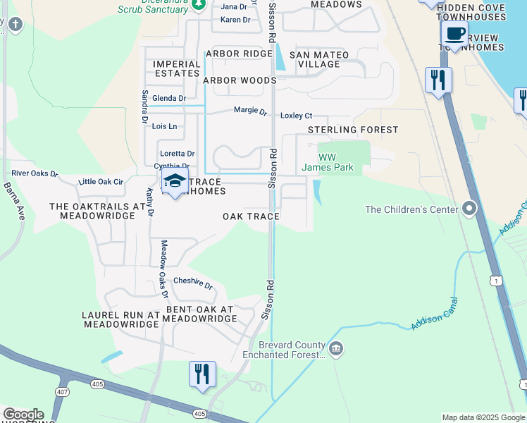map of restaurants, bars, coffee shops, grocery stores, and more near 5620 Sisson Road in Titusville