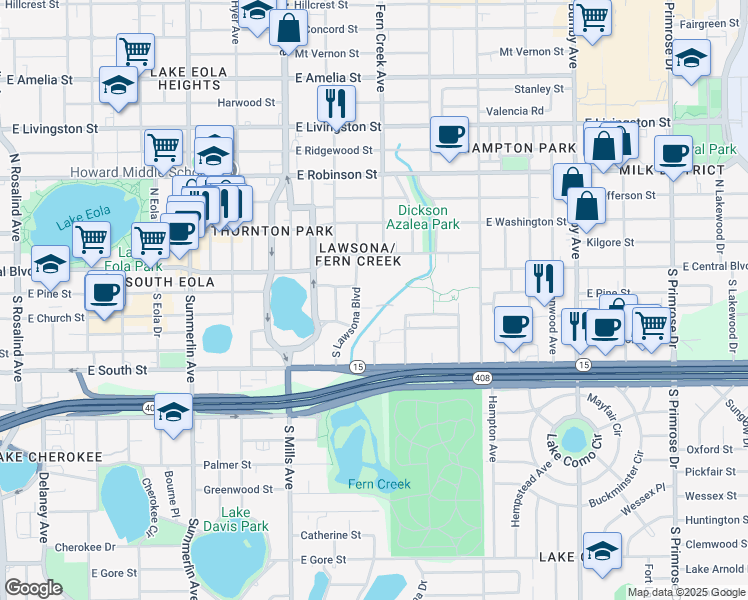 map of restaurants, bars, coffee shops, grocery stores, and more near 21 East Jackson Street in Orlando