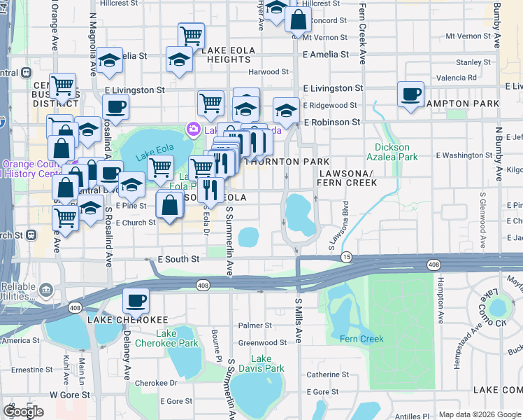 map of restaurants, bars, coffee shops, grocery stores, and more near 150 South Thornton Avenue in Orlando