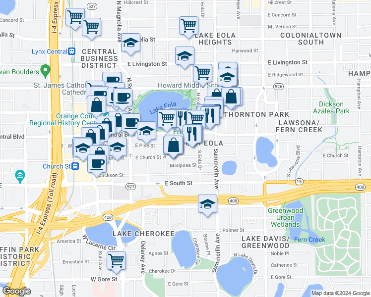 map of restaurants, bars, coffee shops, grocery stores, and more near 595 East Church Street in Orlando