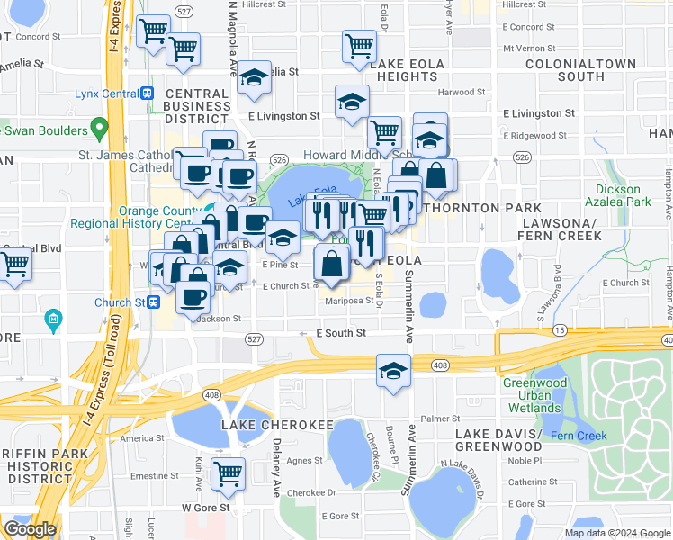 map of restaurants, bars, coffee shops, grocery stores, and more near 420 East Church Street in Orlando