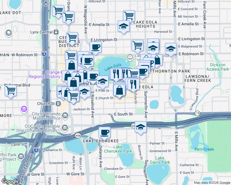 map of restaurants, bars, coffee shops, grocery stores, and more near 420 East Church Street in Orlando