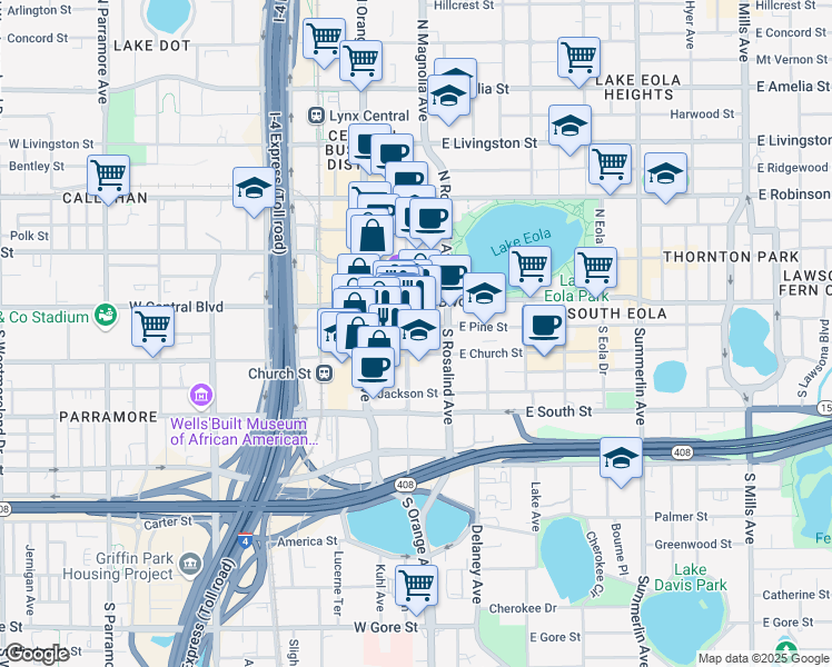 map of restaurants, bars, coffee shops, grocery stores, and more near 115 East Church Street in Orlando