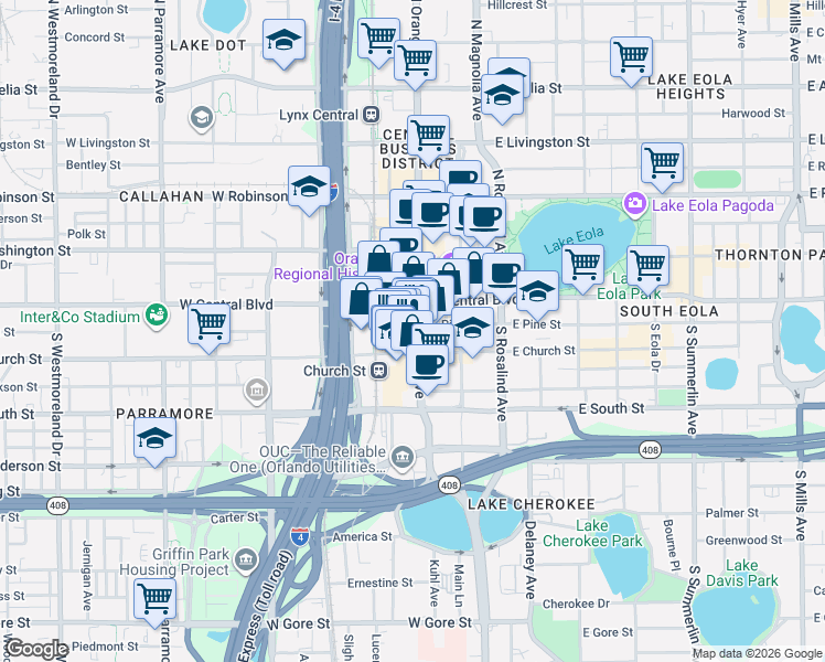 map of restaurants, bars, coffee shops, grocery stores, and more near in Orlando