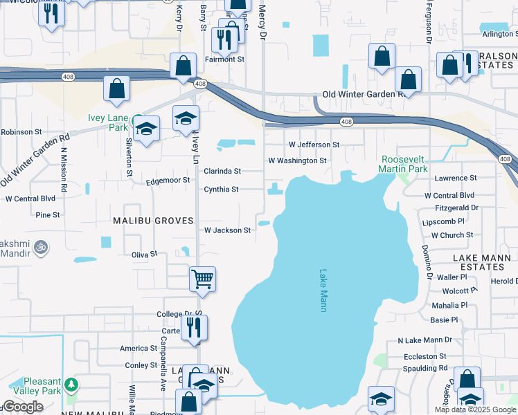map of restaurants, bars, coffee shops, grocery stores, and more near 101 South Ortman Drive in Orlando