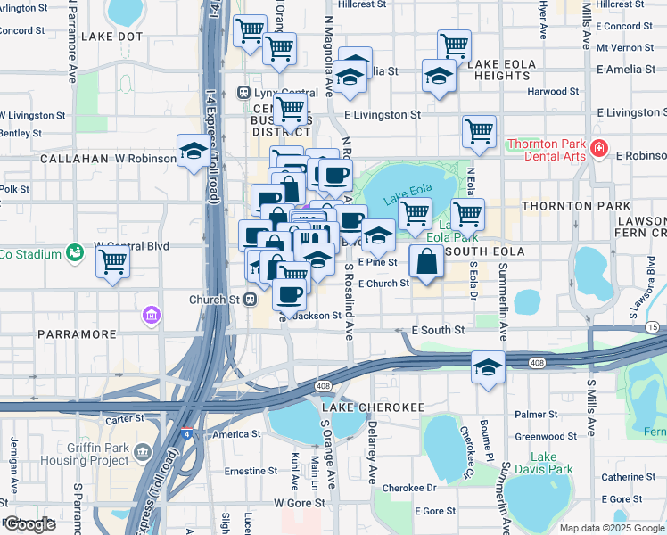 map of restaurants, bars, coffee shops, grocery stores, and more near 115 East Church Street in Orlando