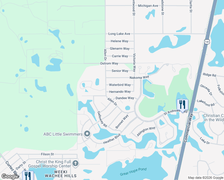 map of restaurants, bars, coffee shops, grocery stores, and more near 7480 Allen Drive in Spring Hill