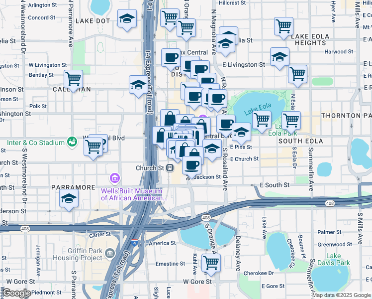 map of restaurants, bars, coffee shops, grocery stores, and more near in Orlando