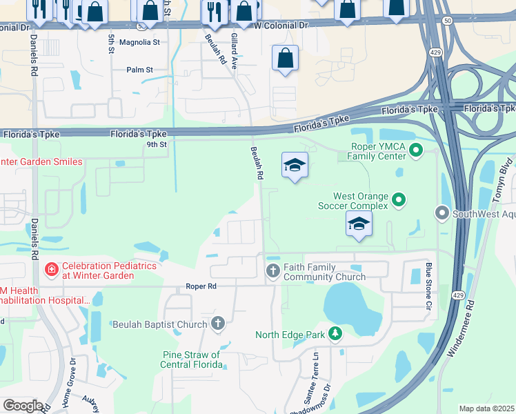 map of restaurants, bars, coffee shops, grocery stores, and more near 1612 Beulah Road in Winter Garden
