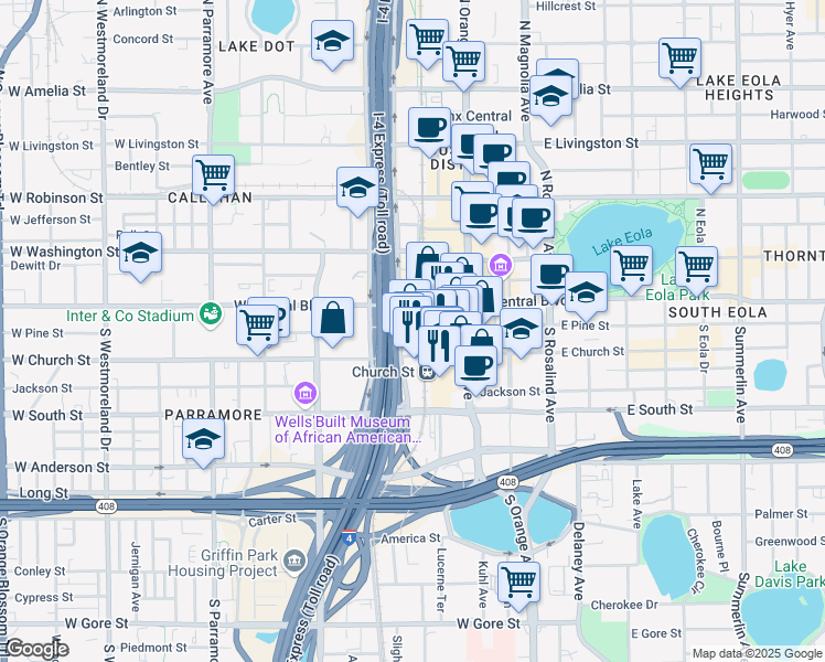 map of restaurants, bars, coffee shops, grocery stores, and more near 123 West Church Street in Orlando