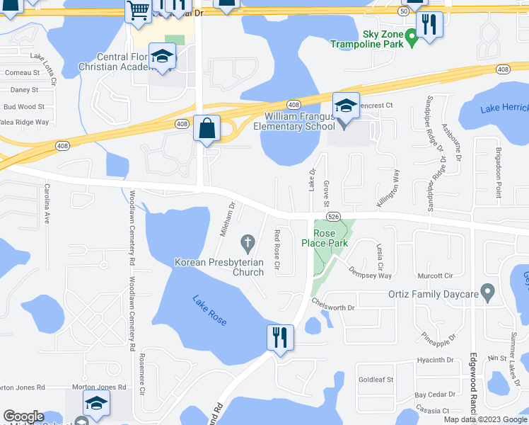 map of restaurants, bars, coffee shops, grocery stores, and more near 8516 Old Winter Garden Road in Orlando