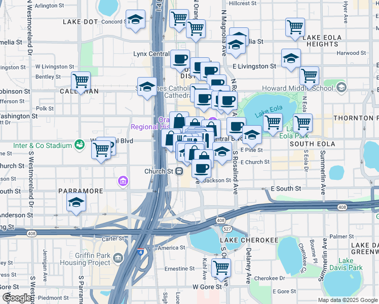 map of restaurants, bars, coffee shops, grocery stores, and more near 36 West Pine Street in Orlando