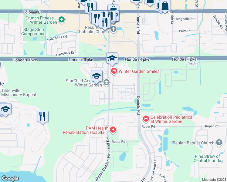map of restaurants, bars, coffee shops, grocery stores, and more near 13762 Daniels Landing Circle in Winter Garden