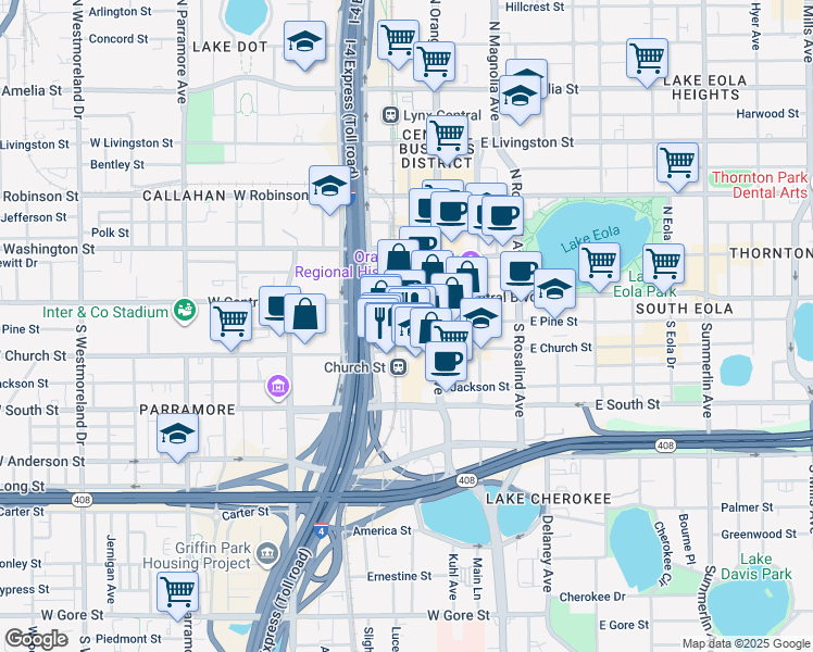 map of restaurants, bars, coffee shops, grocery stores, and more near 55 West Church Street in Orlando