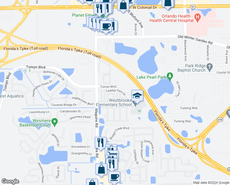 map of restaurants, bars, coffee shops, grocery stores, and more near 1998 Bent Grass Avenue in Ocoee