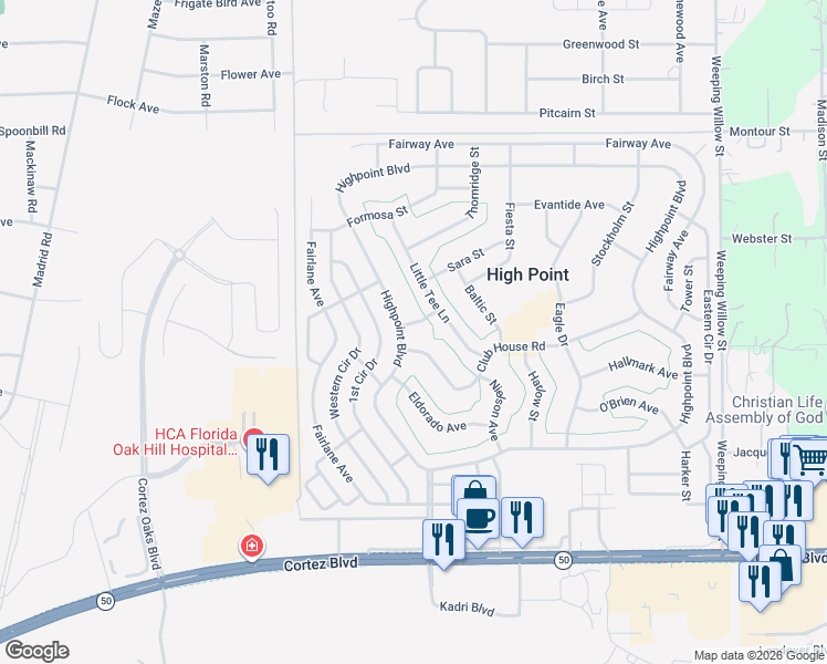 map of restaurants, bars, coffee shops, grocery stores, and more near 12024 Club House Road in Brooksville