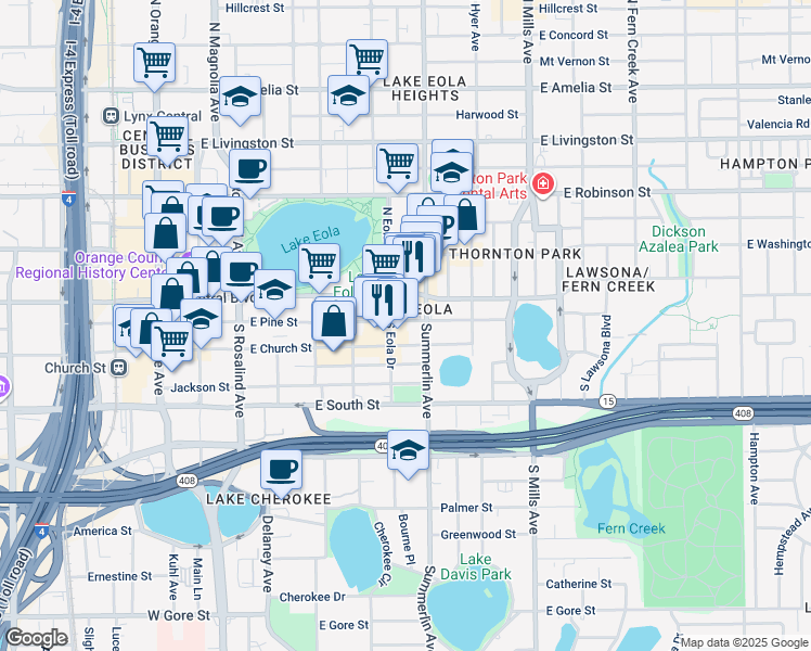 map of restaurants, bars, coffee shops, grocery stores, and more near 622 East Church Street in Orlando
