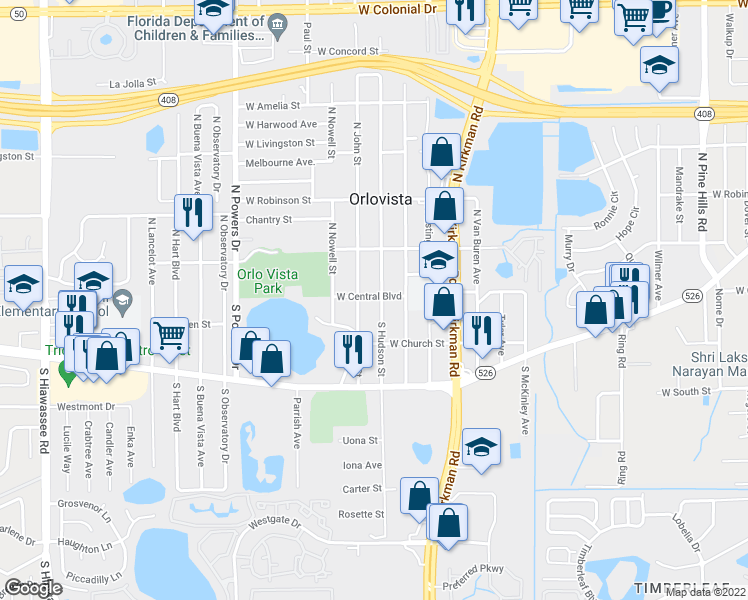 map of restaurants, bars, coffee shops, grocery stores, and more near 23 South John Street in Orlando