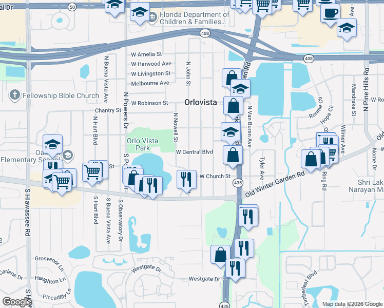 map of restaurants, bars, coffee shops, grocery stores, and more near 23 South John Street in Orlando