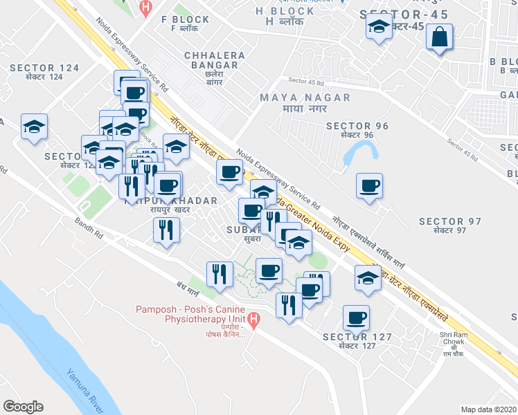 map of restaurants, bars, coffee shops, grocery stores, and more near 1 Delhi Noida Direct Flyway in Noida