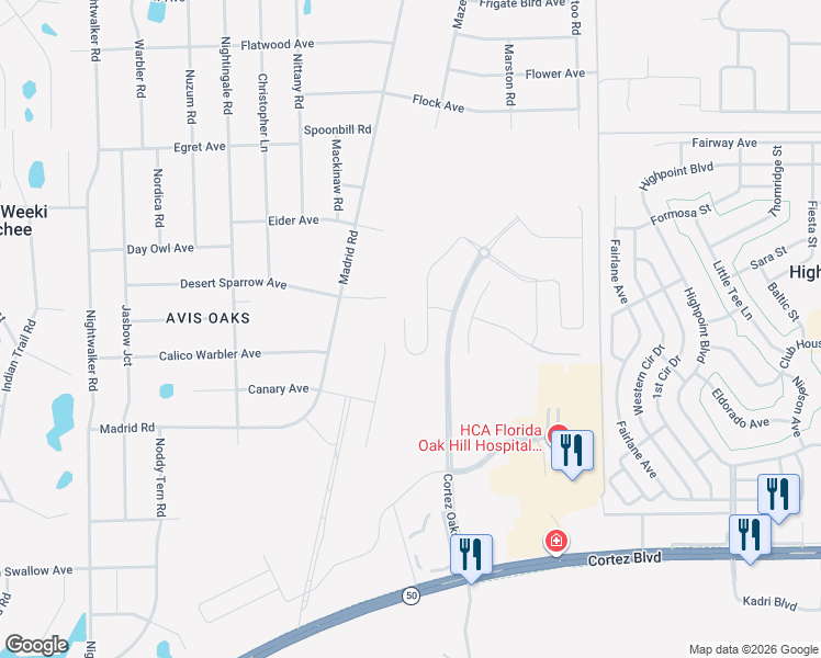 map of restaurants, bars, coffee shops, grocery stores, and more near 7465 Mandrake Road in Weeki Wachee