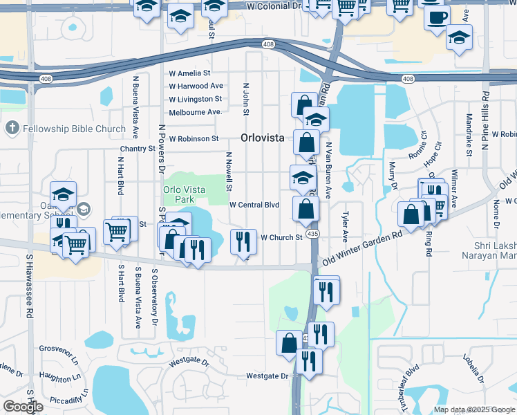 map of restaurants, bars, coffee shops, grocery stores, and more near 23 South John Street in Orlando