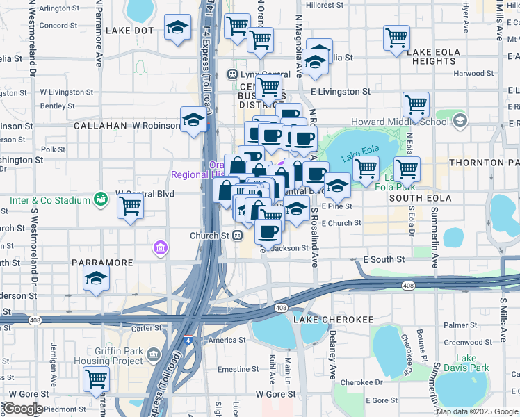 map of restaurants, bars, coffee shops, grocery stores, and more near in Orlando