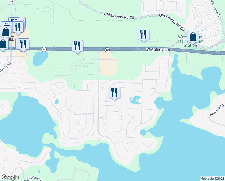 map of restaurants, bars, coffee shops, grocery stores, and more near 17409 Promenade Drive in Clermont
