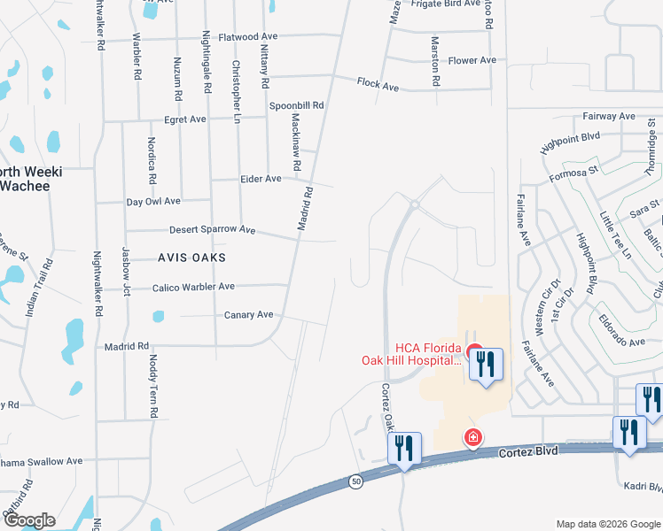 map of restaurants, bars, coffee shops, grocery stores, and more near 7465 Mandrake Road in Weeki Wachee
